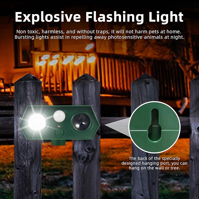 2025 Solar Ultrasonic Raccoon Squirrel Deer Repellent Rabbit Deterrent Animal Repeller Sonic Fortress Pro with Flash Light Motion Sensor to Keep Cat Dog Fox Skunk Out of Garden Yard(2Pack)
