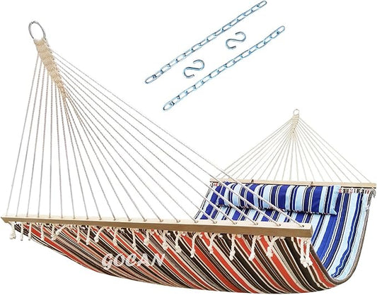 Double Hammock with Quilted Fabric and Spreader Bars,Longer and Sturdier,Quality Hammocks for Outdoor Indoor Patio Yard