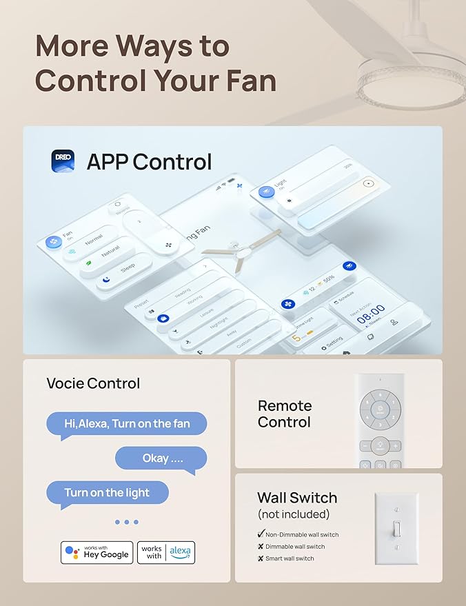 Dreo Smart Ceiling Fans with Lights, 52 Inch White Ceiling Fan, 12 Speeds & 3 Fan Modes, Stepless Color Tones, Dimmable LED Light, 1-12H Timer, Quiet DC Motor, Remote/APP/Alexa/Wall Switch Control