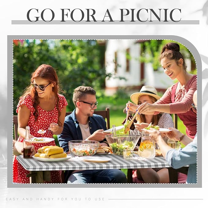 3 Pcs Plastic Picnic Table Cover Checkered Tablecloth Fitted Rectangular Table Cloth 30 x 72 Inch Vinyl Waterproof Flannel Backed with Elastic Rim for Indoor Outdoor Picnic Party(Gray and White)