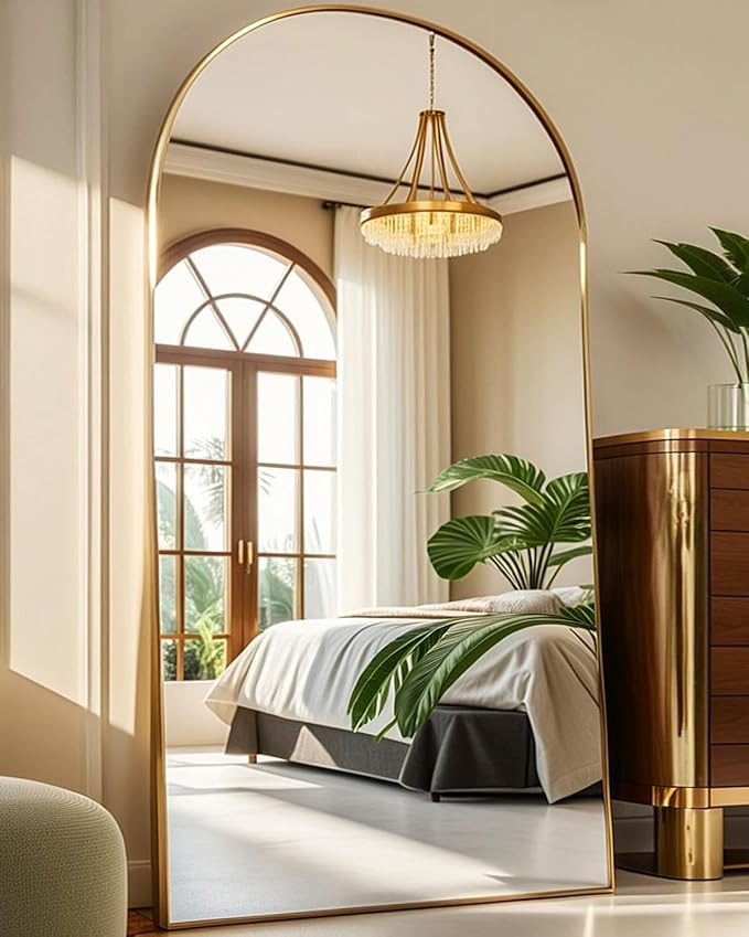 Arched Full Length Mirror81 x41 Full Body Floor Mirror Standing Hanging or Leaning Wall, Arch Wall Mirror with Stand Aluminum Alloy Frame for Bedroom Cloakroom Gold