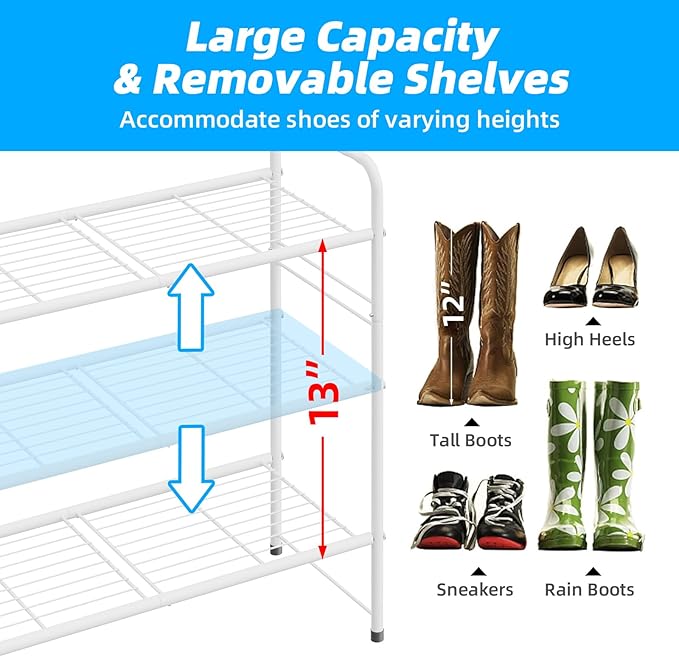 3 Tier Shoe Rack for Closet, 46.5 Inch Extra Long Shoe Storage Organizer for Shelves, Heavy Duty Metal, Easy Assembly, White
