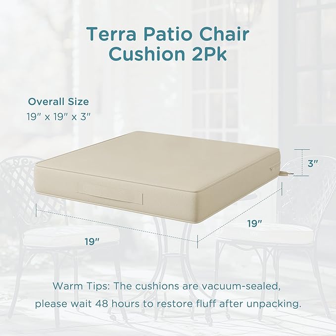 Codi Patio Chair Cushions 19x19 Inch, Waterproof Seat Cushion for Outdoor Furniture with Handles & Adjustable Straps, Fade Resistant - Set of 2, Beige