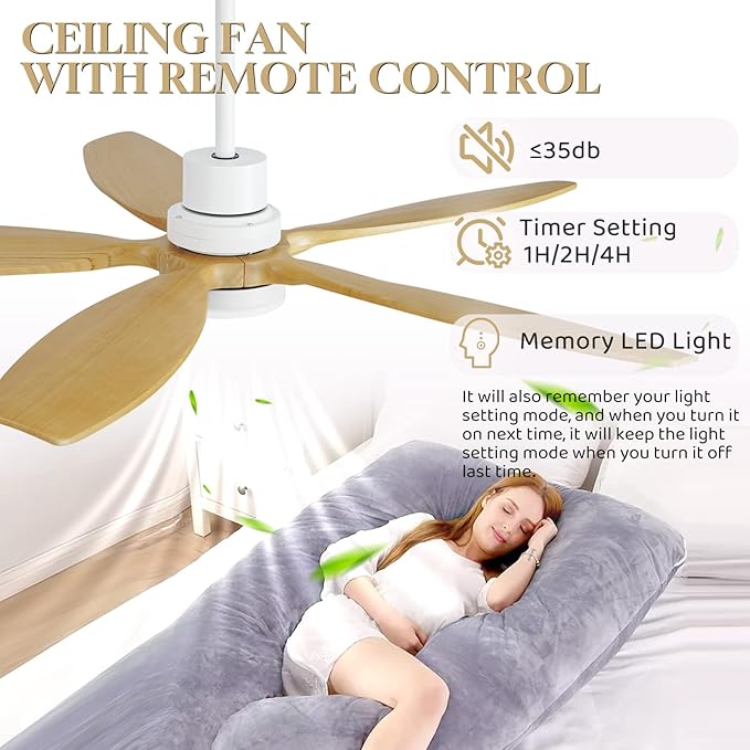 52" Ceiling Fan with Light and Remote,Reversible DC Motor,6Speed,Modern Natural Wood Ceiling Fan with Dimmable LED for Outdoor Patios Bedroom Living Room,Original Walnut and White