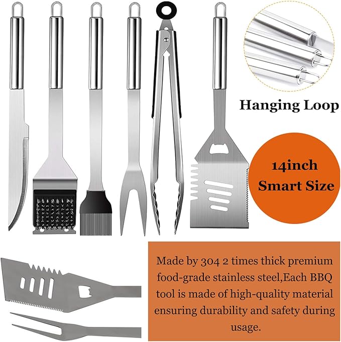 MUJUZE Grilling Accessories,20pcs BBQ Accessories Set,Grilling Gifts for Men Dad Fathers Day,Stainless Steel BBQ Tools for Men with Apron,Grill Tools Set for Outdoor,Camping,Backyard