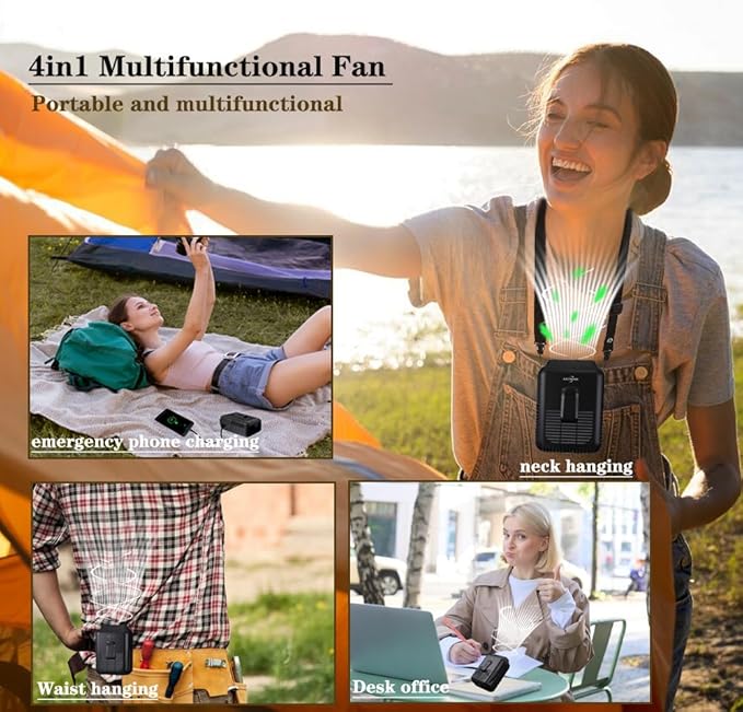 CAZOKASI Upgrade Waist Clip Fan Wearable Fan Portable Cooling and Heatstroke Prevention Fan (Industrial orange black) (Black / 8000mAh)