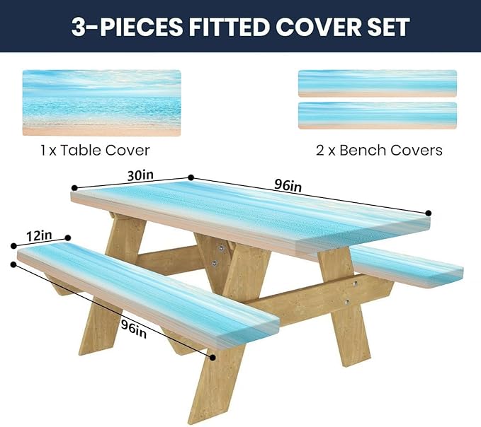 CAPSCEOLL Fitted Picnic Table Cover with Bench Covers with Elastic 8Ft Waterproof Camping Picnic Table Cover Cloths for Outdoors Camping Tablecloth with Drawstring Bag, 96X30in, Summer Beach
