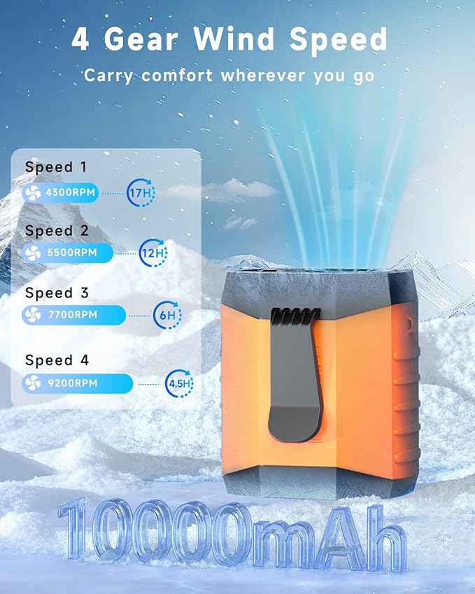 2025 Smart Portable Rechargeable Fan with LED Light & 25H Runtime, 4-Speed 9200RPM Turbo Cooling Personal Waist Fan, Wearable Neck & Belt Clip for Camping, Outdoor, Hiking - Orange