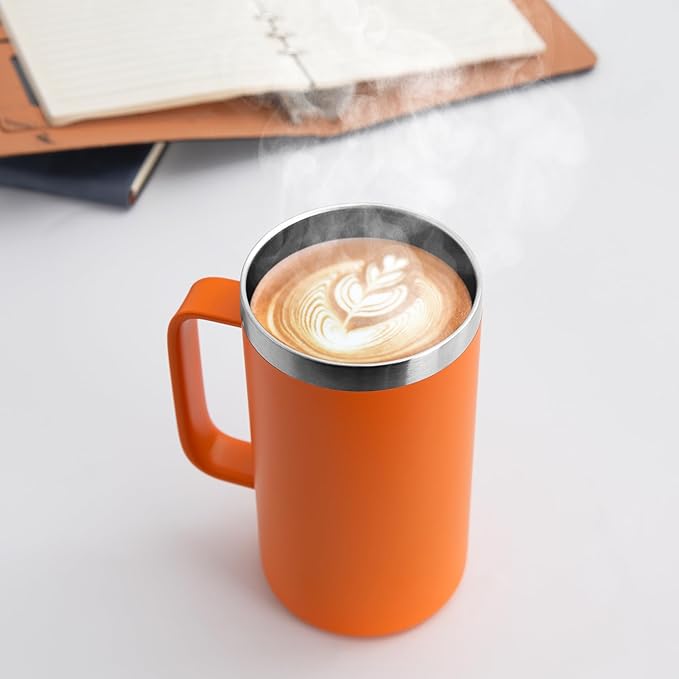 DOMICARE 24oz Mug with Handle and Lid, Stainless Steel Coffee Mug, Reusable Insulated Cup, Travel Mug with Handle, Double Wall Vacuum Coffee Tumbler for Men and Women, Orange, Pack 1