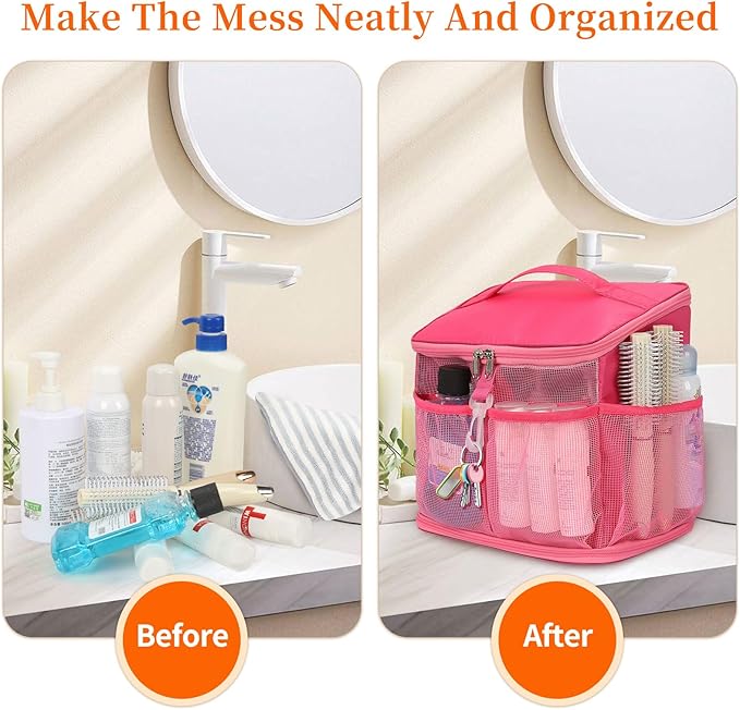 CUBETASTIC Shower Caddy Portable Mesh Shower Tote for Bathroom, Gym, Travel, Camping - Quick Dry Hanging Organizer Toiletry Bag with Handle for College Dorm Room, Men & Women (A# Hot Pink, 9.8")
