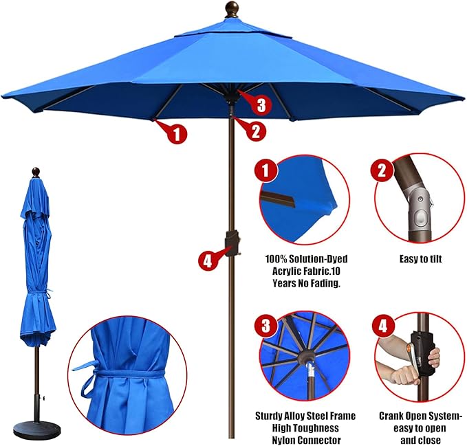 EliteShade USA 10-Year-Non-Fading 10Ft Market Umbrella Patio Umbrella Outdoor Table Umbrella with Ventilation, Royal Blue