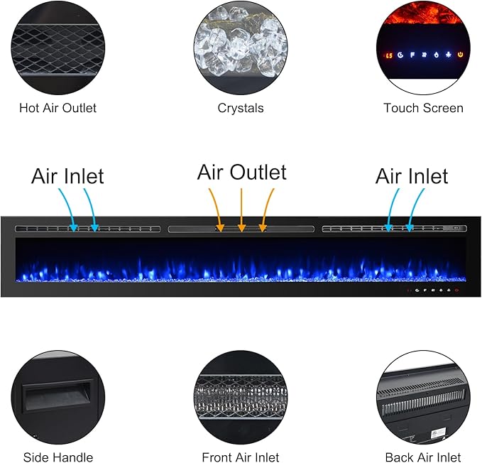 CharaVector 100 inch 750W/1500W Electric Fireplace Inserts with Remote Control in Wall Mounted, Energy Saving LED Insert Fireplace Heater Indoor Glass View with Remote Control & Touch Screen, Black