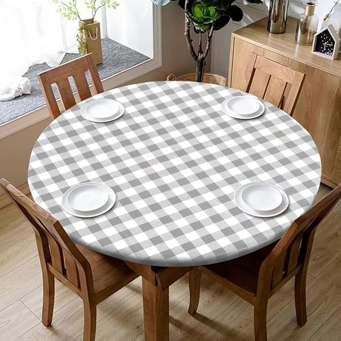 Fitable Round Vinyl Fitted Table Cover - Waterproof Checkered Elastic Edged Tablecloth Flannel Backed Wipeable Table Cloth for Spring/Summer Picnic Party, Silver/White (Fit for 45"-56" Round Tables)