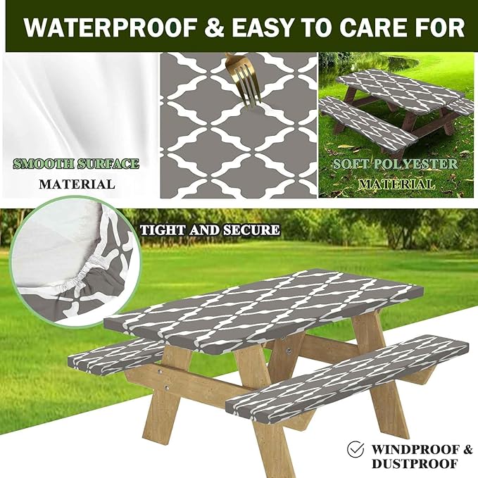 CAPSCEOLL Fitted Picnic Table Cover with Bench Covers with Elastic 8Ft Waterproof Picnic Table Cloths Windproof Outdoor Camping Tablecloth with Drawstring Bag, 96X30in, White Grey