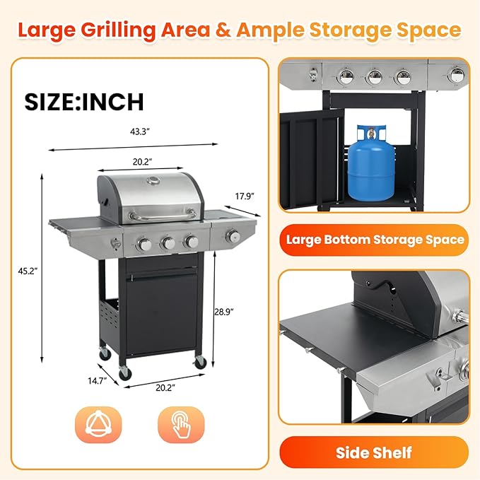 3-Burner Propane Gas BBQ Grill with Side Burner, Porcelain-Enameled Cast Iron Grates and Side Tables, 37,000 BTU Stainless Steel Grill for Outdoor Camping Barbecue Grilling Backyard Cooking