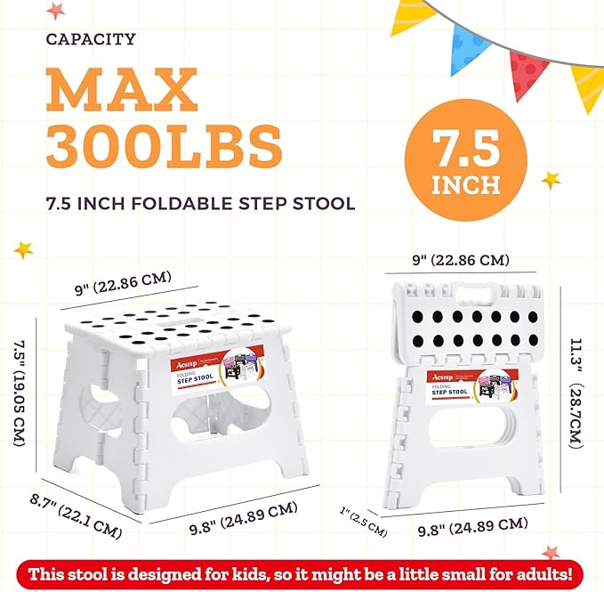 ACSTEP 7.5 Inch Folding Step Stool Foldable Stool Height Kids Step Stool, 176 lb Capacity Plastic Collapsible Stool, White Small Stepping Stools, Foot Stools Suitable for Kitchen