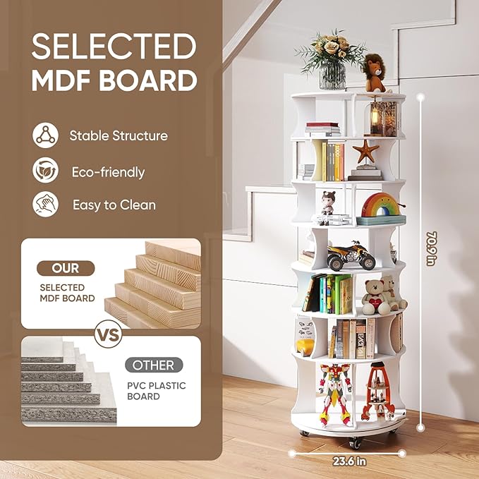 71" Rotating Shoe Rack with Lockable Wheels, 7-Tier Spinning Vertical Shoe Tower with Under-seat Boot Storage Space-Saving Free Standing Shoe Carouse Organizer for Closet Entryway Bedroom (71")