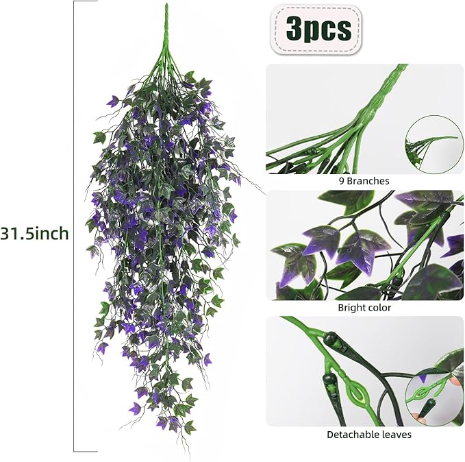 Artificial Ivy Vines Fake Plants Artificial Hanging Plants Faux Hanging Ivy Leaves Artificial Plants UV Resistant Plant for Outdoor Terrace Garden Decoration Indoor Bathroom Wall Decor(Purple)