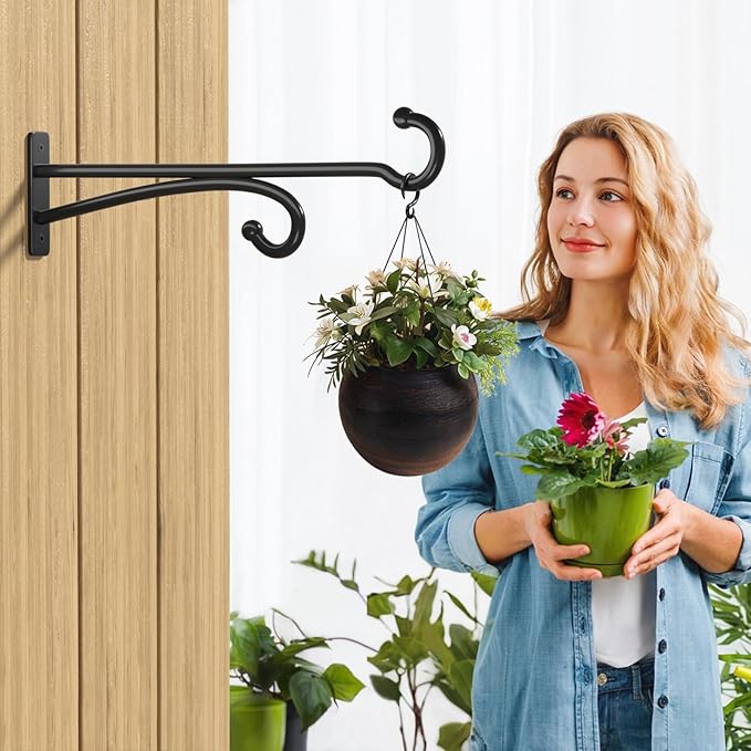 15" Plant Hooks for Hanging Baskets - Heavy Duty Metal Plant Hangers for Indoor & Outdoor Use, Wall Mount Brackets for Hanging Plants, Planters, Bird Feeders, Wind Chimes, Bird Houses - Black, 2 Pack