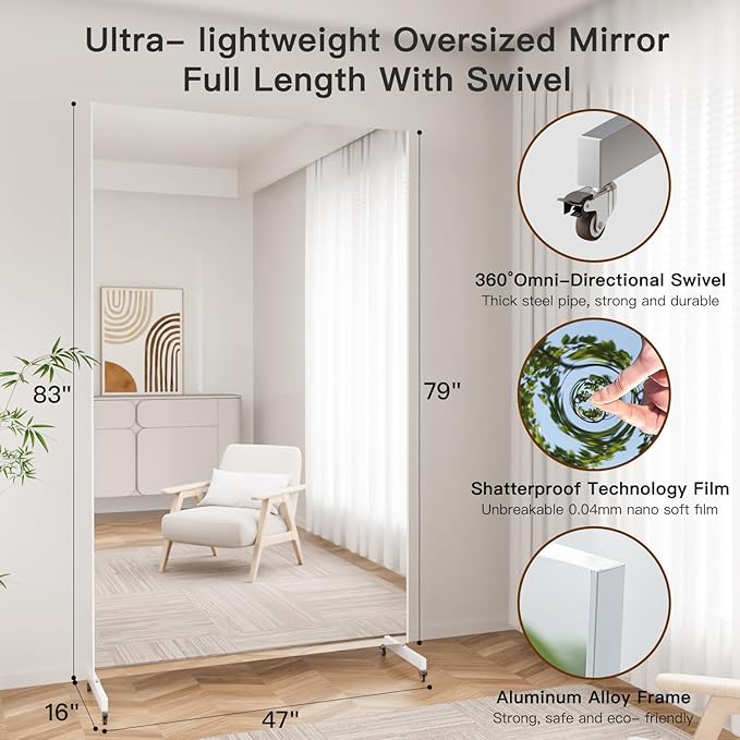 brisafe Home Gym Mirror 360° Swivel on Wheels, 79" X 47" Extra Large Full Body Rolling Mirror for Yoga, Nano Film Super Lightweight Unbreakable Floor Mirror, White, 12 lbs