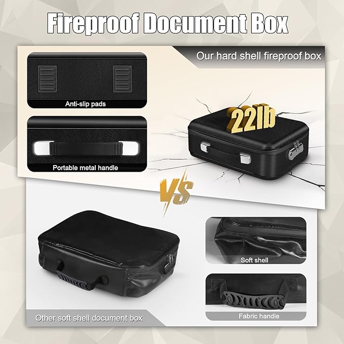Fireproof Document Box, Hard Shell Fireproof Box, Document Organizer with Lock, Fireproof Water Resistant box, Portable Documents Safe Box for Important Document Certificates, Laptop, Passports, Black