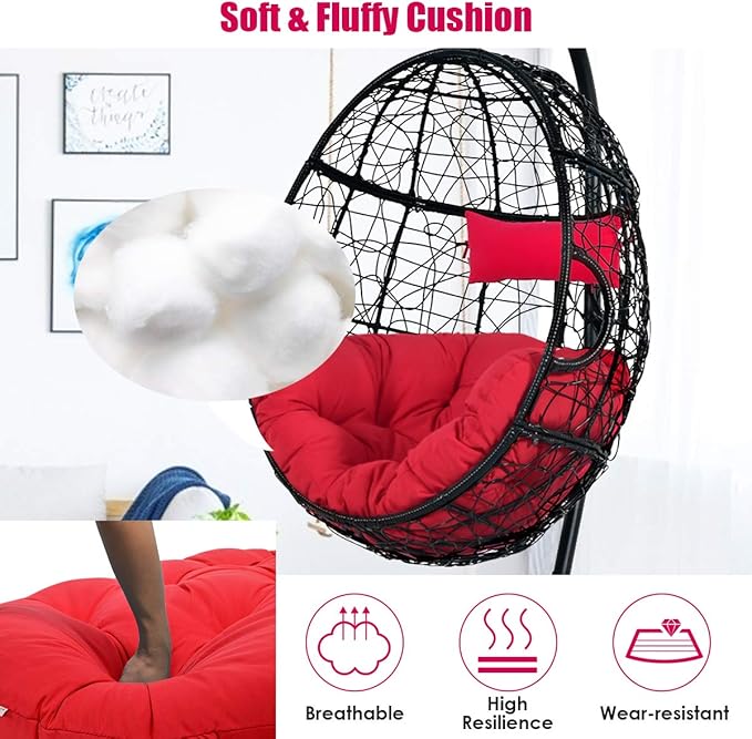 Giantex Hanging Egg Chair, Swing Chair with C-Hammock Stand Set, Hammock Chair with Soft Seat Cushion & Pillow, Multifunctional Hanging Chairs for Outdoor Indoor Bedroom (Red)