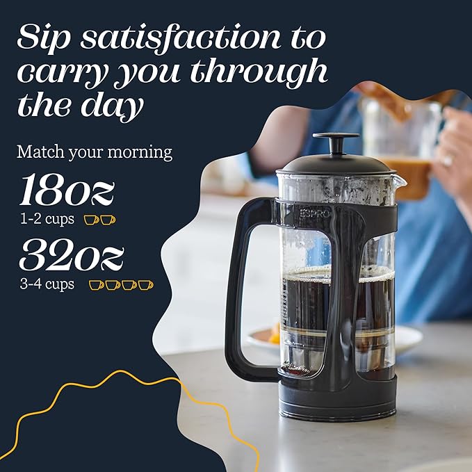 ESPRO - P3 French Press Coffee Maker – Patented Double Microfilter for Sludge and Grit Free Coffee, Black, 32 oz