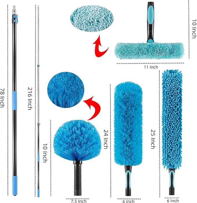 25 Foot High Ceiling Fan Duster with 6-18 Foot Extension Pole, Extendable Reusable Cobweb, Feather, Window Cleaning Squeegee Kit