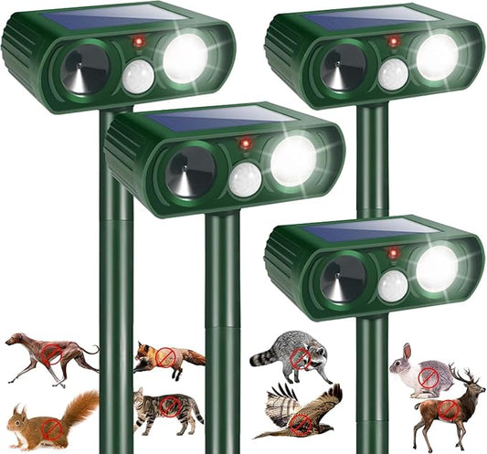 4 Pack Solar Ultrasonic Animal Repellent Squirrel Fortress Pro Outdoor,Cat Deer Repellent with Motion Detection Strobe Light,Waterproof Repeller for Raccoon Rabbit Dog Skunk,Yard Garden Protection