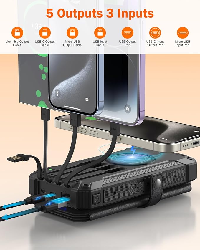 GOODaaa Solar Charger Power Bank, Portable Wireless Charger 36800mAh with Five Solar Panels Built-in Four Cable Five Outputs Outdoor Battery Pack for Cell Phone with Dual Flashlights, Carabiner