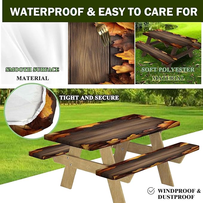 CAPSCEOLL Elastic Picnic Table Cover with Bench Covers 5Ft Waterproof Fitted Picnic Table Cover Cloths for Outdoors Camping Tablecloth with Drawstring Bag, 60X30in, Brown Wood