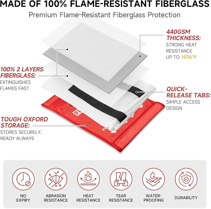 Fire Blanket Emergency for Home Kitchen - 40"x40" Fireproof Safety Protection Fiberglass Flame Retardant Blankets Survival Essential Kit for House Car Camping Outdoor Fireplace Grill BBQ - 4 Pack