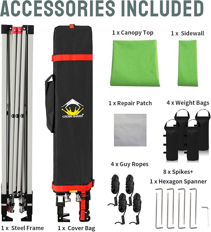 CROWN SHADES 10x10 Pop Up Canopy with 1 Side Wall - Beach Tent with One Push Setup - Outdoor Sun Shade for Events, Parties, Camping - Gazebo with STO-N-Go Cover Bag (Green)