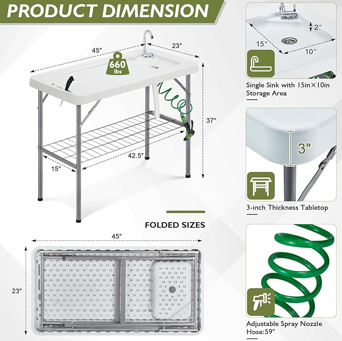 Folding Fish Cleaning Table Portable Camping Sink Table with Faucet Drainage Hose & Sprayer Outdoor Fish Fillet Cleaning Station with Grid Rack & Knife Groove for Picnic Fishing, Grey