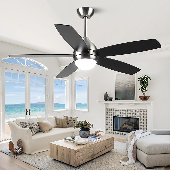 Brushed Nickel Ceiling Fan with Lights,52 Inch Ceiling Fans,6 Speeds,3 Color,Quiet DC Motor,Ceiling Fan with Remote Control for Bedroom Living Room Patio Kitchen