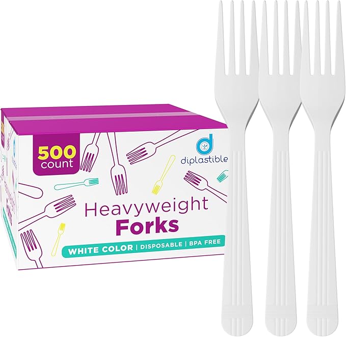 500 Count – Heavyweight Disposable White Plastic Forks | Big Party Pack Forks | Plastic Salad Forks |Great for Celebrations, Parties, Travels, Events, and Everyday Use