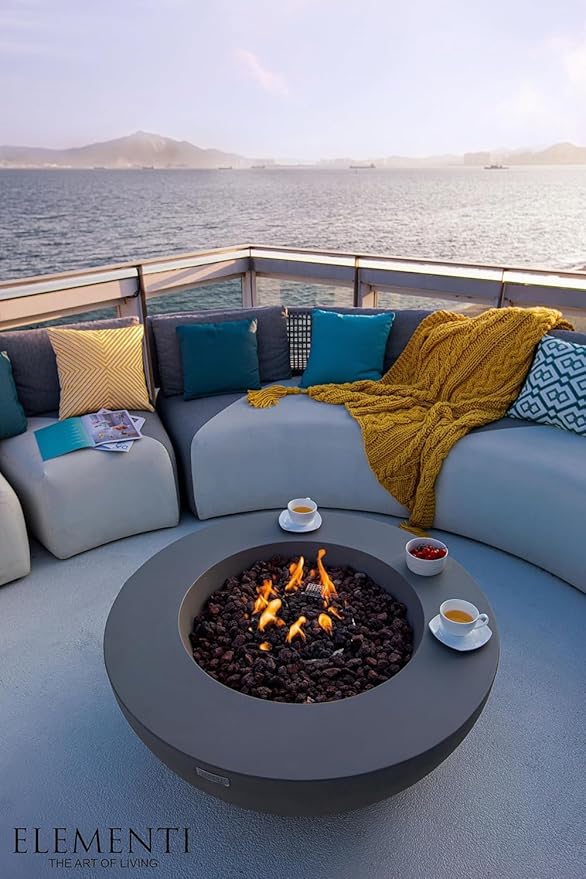 Elementi Lunar Bowl Cast Concrete Fire Table, Outdoor Fire Pit Fire TablePatio Furniture, Light Gray (Liquid Propane Gas)