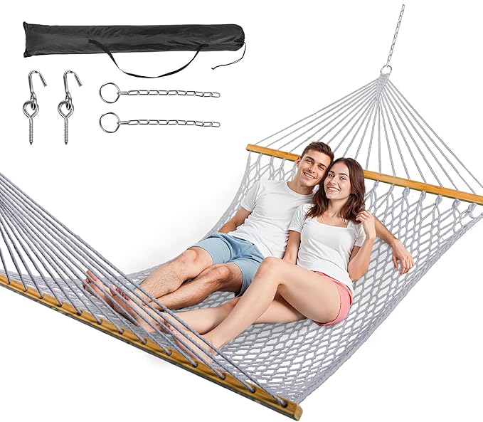 Double Hammock for 2 Person, Handwoven Rope Hammock with Spreader Bar Without Stand - Indoor & Outdoor Use for Patio, Poolside, Backyard (Grey)