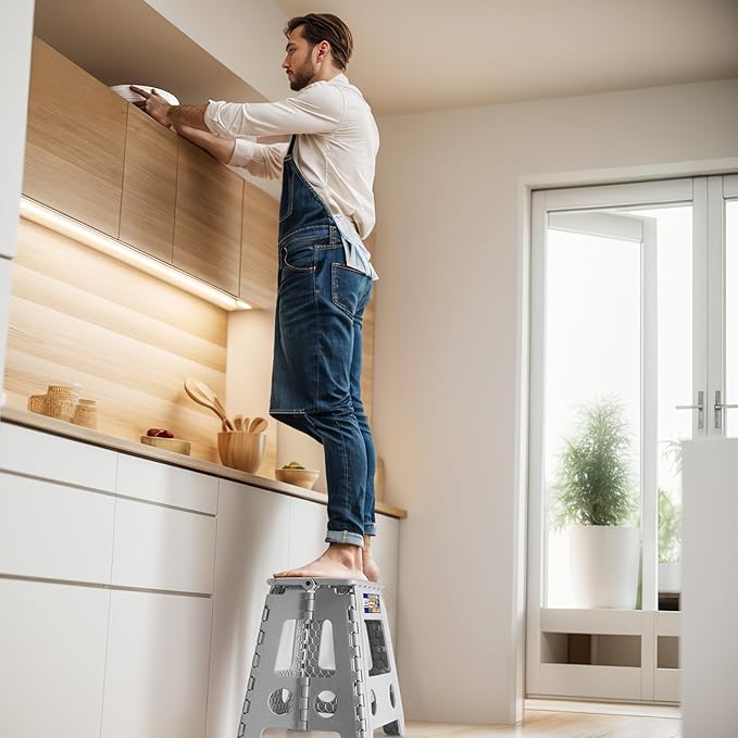 ACKO Folding Step Stool Foldable 16 Inch 400 lbs Capacity, Plastic Stools for Adults and Kids, Collapsible Stools for Kitchen, Stepping Stool with Handle(Grey)