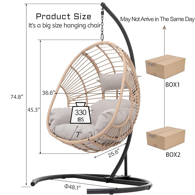 JOYBASE Hanging Egg Chair with Stand, Patio Swing Chair with Stand and Cushion, Hammock Wicker Rattan Chair for Indoor Outdoor Garden (Beige)