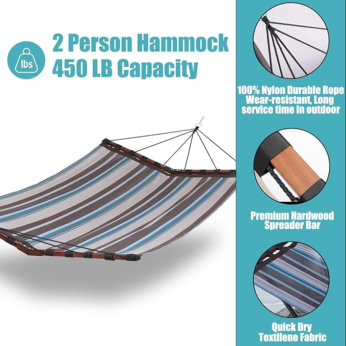 TegerDeger 12FT 2 Person Hammock Large Hammock Quick Dry 450LB Capacity with V Shaped Hardwood Spreader Bar & Nylon Rope for Outside, Patio, Garden, Backyard, Beach, Poolside - Brown Stripes