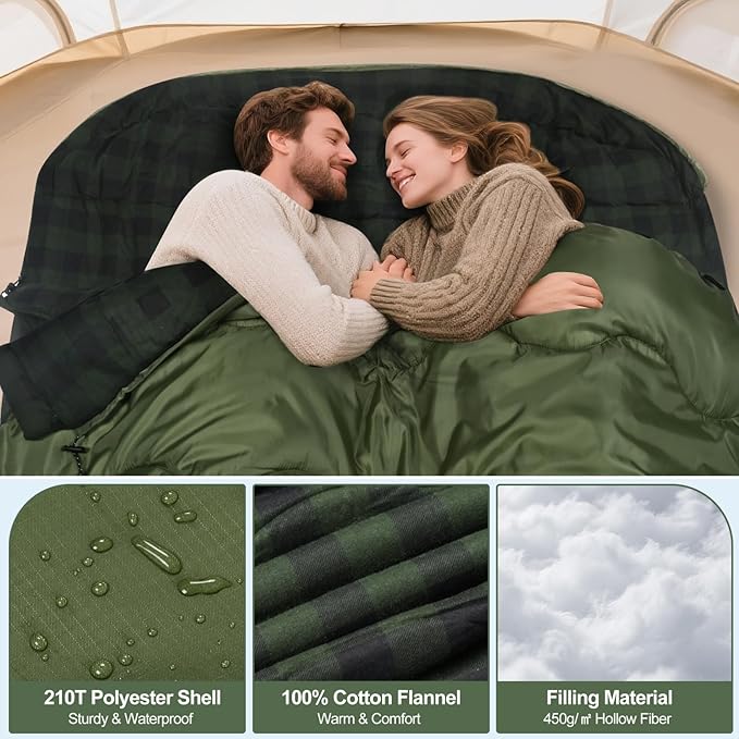 0 Degree Flannel Double Sleeping Bag for Adults, Couples or Family - Winter Queen Size Waterproof & Warm 2-Person Sleeping Bag for Cold Weather Camping, RV Travel