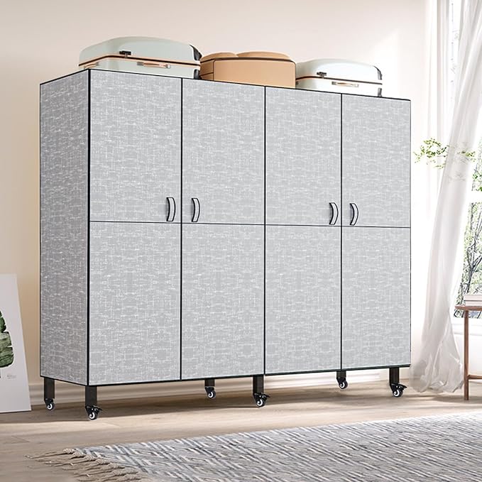 FPIGSHS Heavy Duty Clothes Rack with Magnetic Door 2000LBS Foldable Portable Wardrobe Closet for Hanging Clothing Rolling Garment Rack on Wheels for Bedroom Closet System (B(Grey Door, 49.2in)