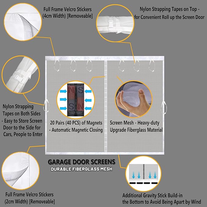 Garage Door Screen for 1 Car Garage 8x7FT White, Magnetic Screen Door 8x7 FT Garage/Patio/Porch/Balcony with Retractable Fiberglass Mesh & Heavy Duty Weighted Bottom, Hands Free, Easy Assembly