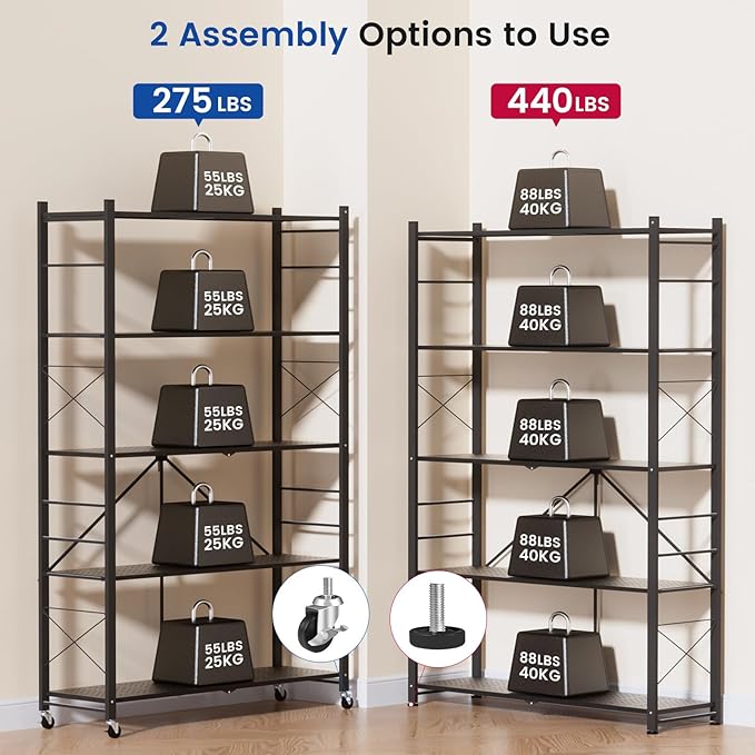 ALANNG 39.4" Wide Folding Storage Shelves with Wheels, Adjustable Metal Shelving Unit, Standing Shelf Organizer for Closet Kitchen Garage Laundry Pantry (Black,1 Pack)