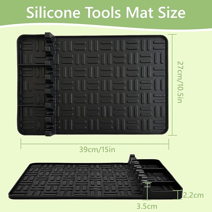 2PCS Silicone Griddle Tools, Large Spatula Mat with Drip Pad, Side Shelf Mat for Grill BBQ Accessories (Black, 15.35" x 10.63")