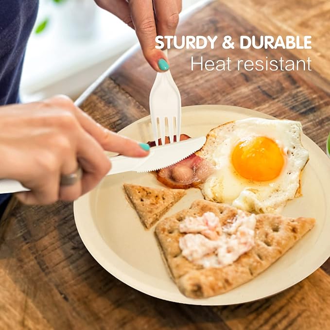 Gezond 100% Compostable Cutlery Set 150 Pack Extra Long Disposable Cutlery with 50 Forks 50 Spoons 50 Knives 7 Inch No Plastic Biodegradable Utensils for Party Wedding Camping Office Picnic