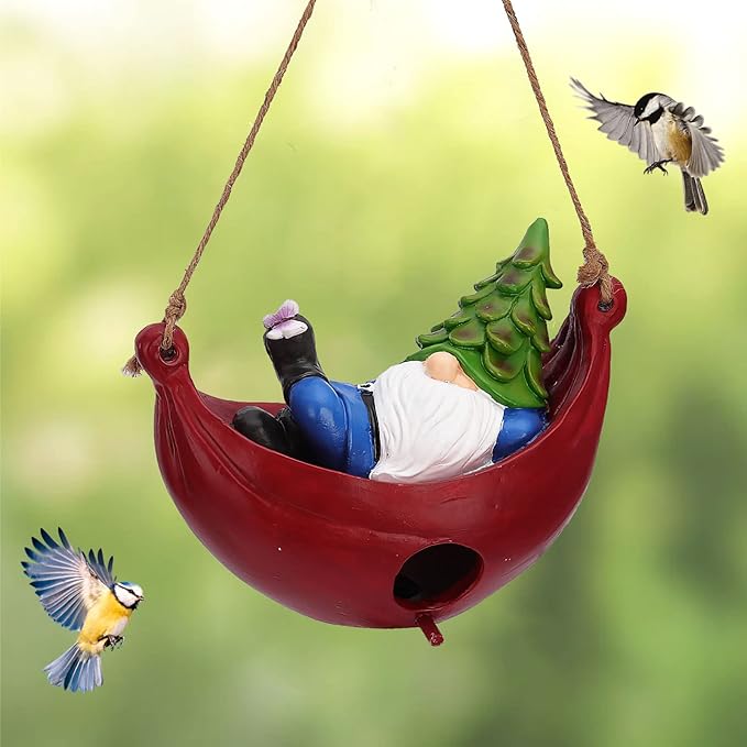 BAYN Bird House for Outside, Hanging Handcrafted Hammock Gnome Resin Outdoor birdhouses Humming Bird, Bluebird, Wren, Camper Hanging Houses nest cage