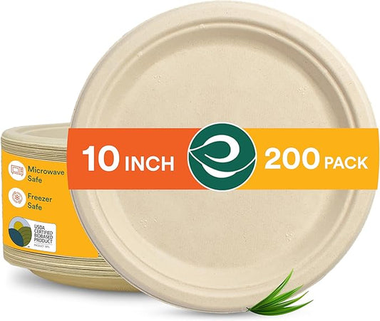 ECO SOUL 100% Compostable 10 Inch Paper Plates 200 [2x100 Pc] Disposable Party Plates I Heavy Duty Eco-Friendly Sturdy Dinner, Wedding, Event Plates I Biodegradable Unbleached Sugarcane Eco Plates