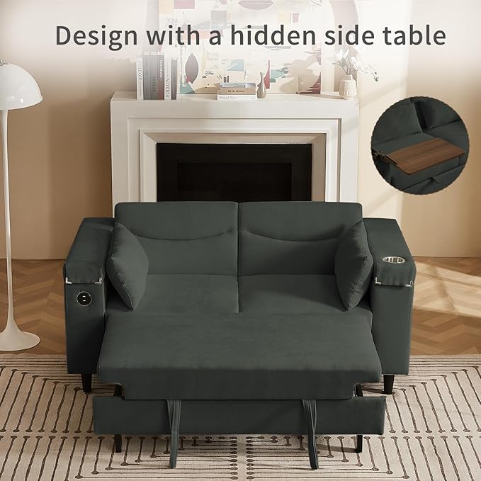 66" Pullout Couch Sleeper Sofa with Hidden Side Table, Storage Armrests & USB Charging – Convertible Sofa Bed with Spring Mattress & Wood Frame, Great for Small Spaces (ZY-2027-Dark Gray)
